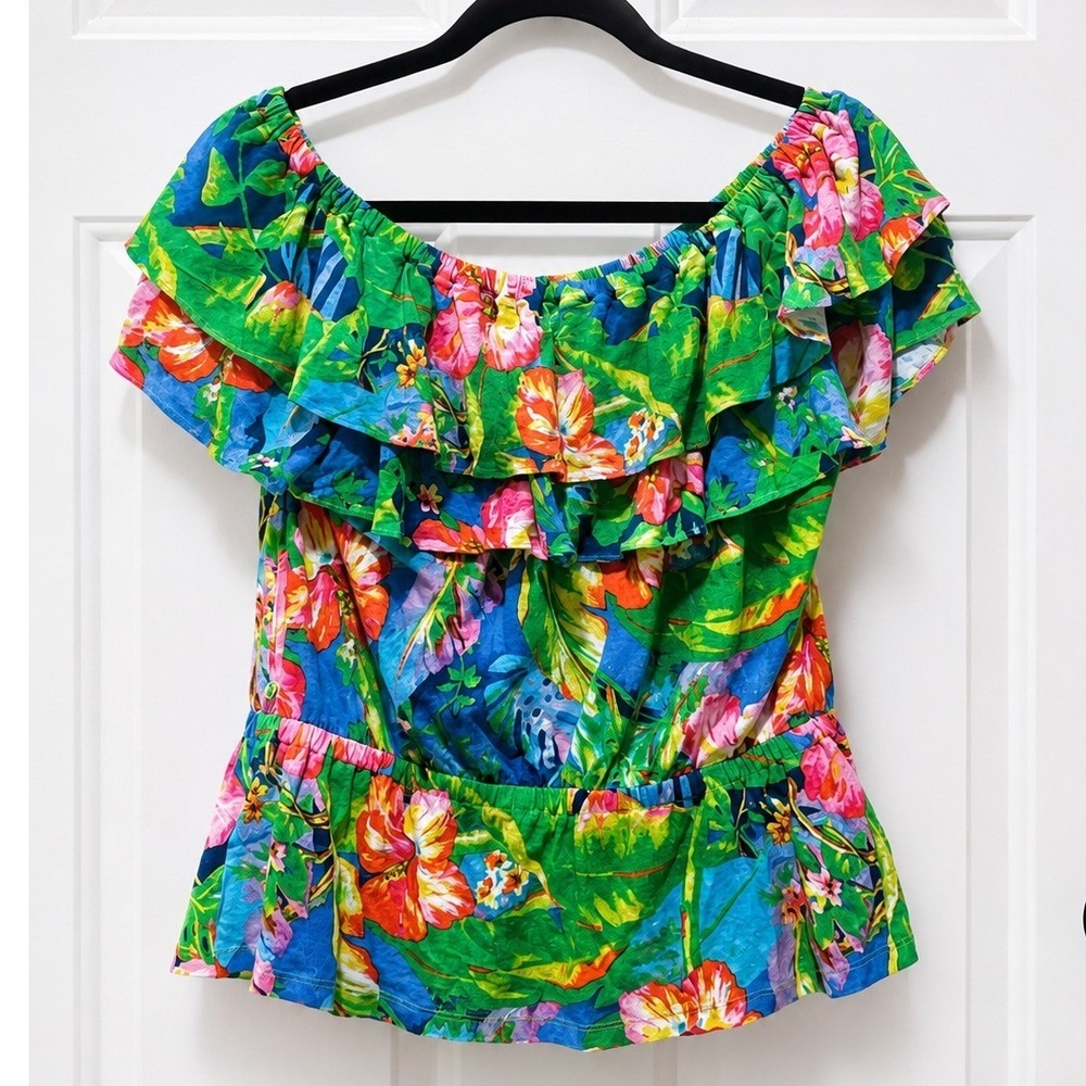 Ralph Lauren Tropical Floral Off Shoulder Ruffle Peplum Blouse Size Medium